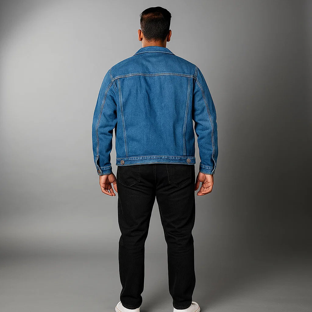 Plus-size man wearing mid-wash utility denim jacket with chest patch pockets and side hand pockets