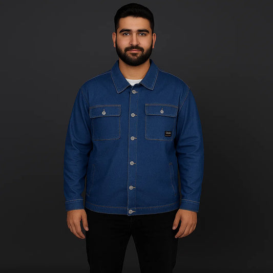 Plus-size man wearing blue denim shirt jacket with button front and utility-style pockets