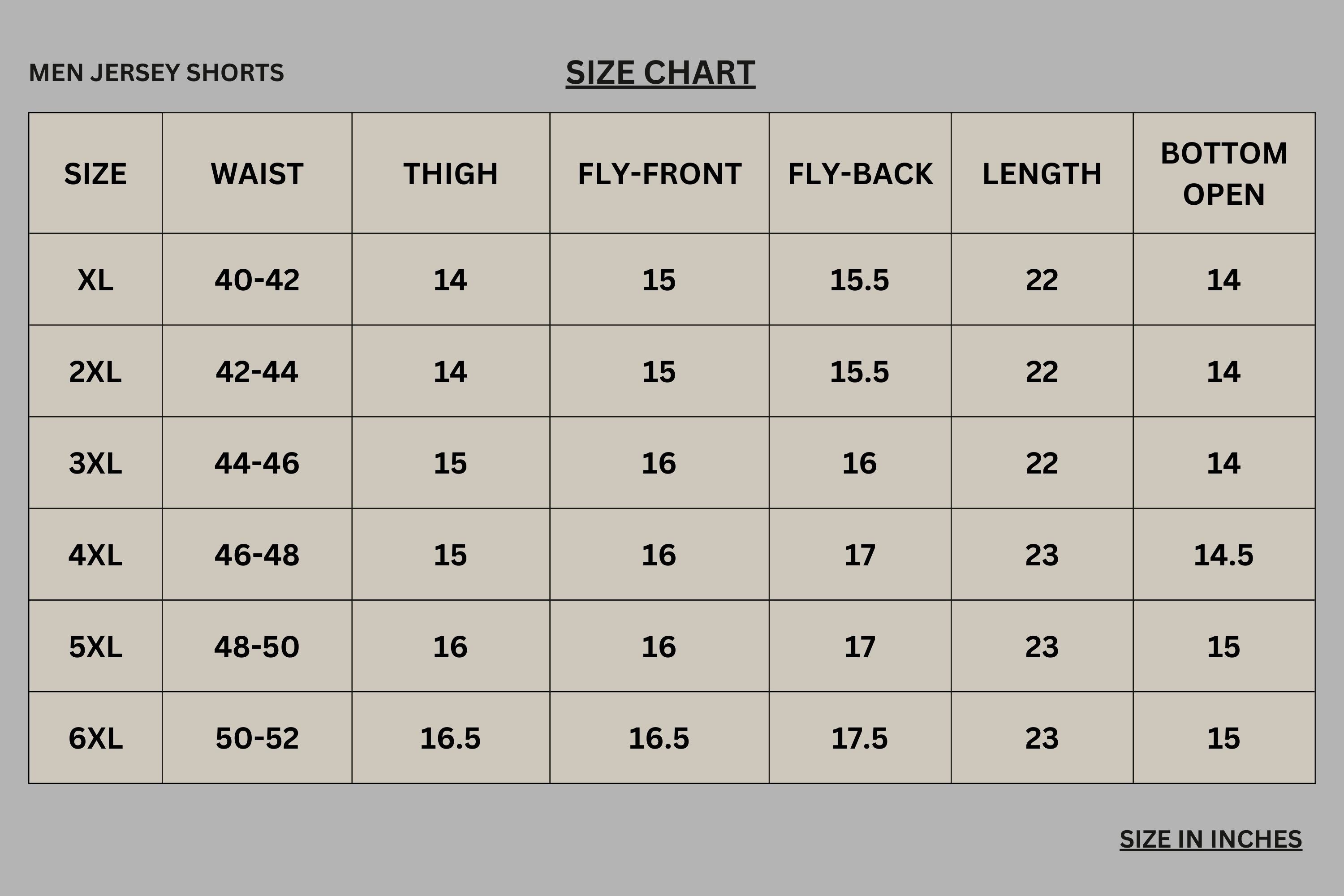 Size chart for Jet Black Terry Utility Cargo Shorts PSM-10983