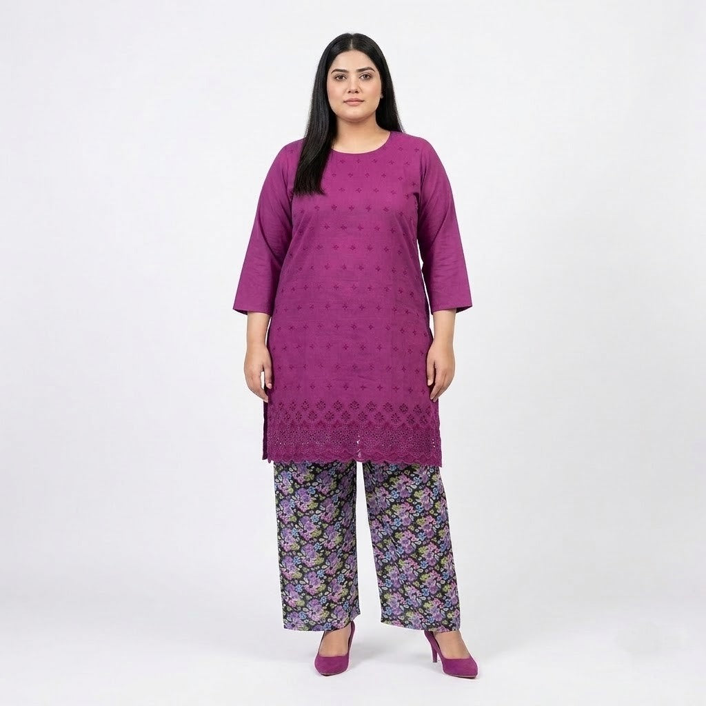 Magenta Chikankari Lawn shirt with printed Lawn trouser co-ord set