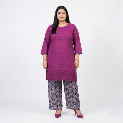 Magenta Chikankari Lawn shirt with printed Lawn trouser co-ord set