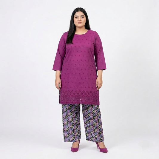 Magenta Chikankari Lawn shirt with printed Lawn trouser co-ord set