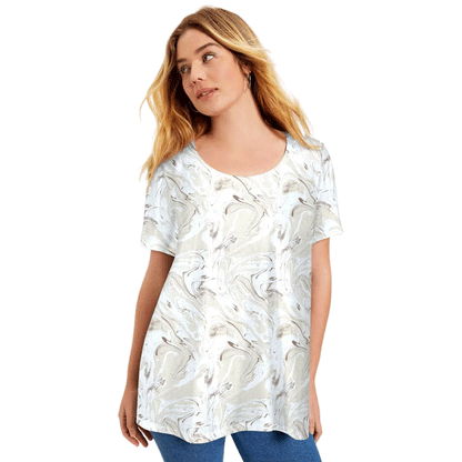 Marble Print Short-Sleeve Scoop Neck Swing Tunic PSW-9287