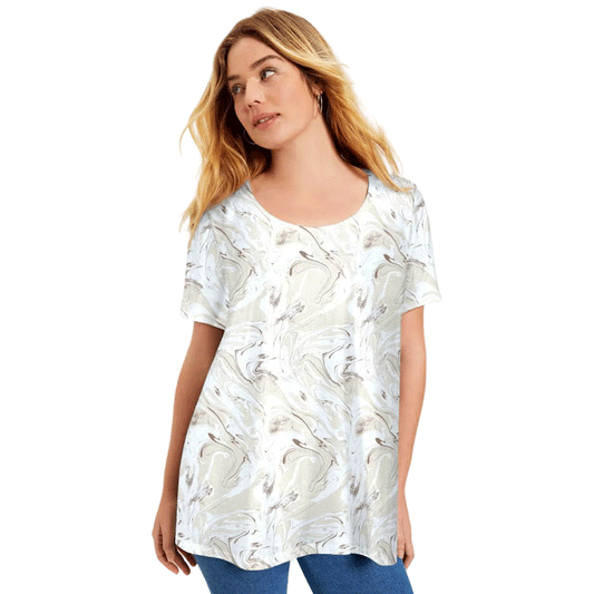 Marble Print Short-Sleeve Scoop Neck Swing Tunic PSW-9287