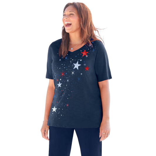 Mariner Navy Falling Stars V-Neck Tee with Red, White & Blue Shimmer Graphic