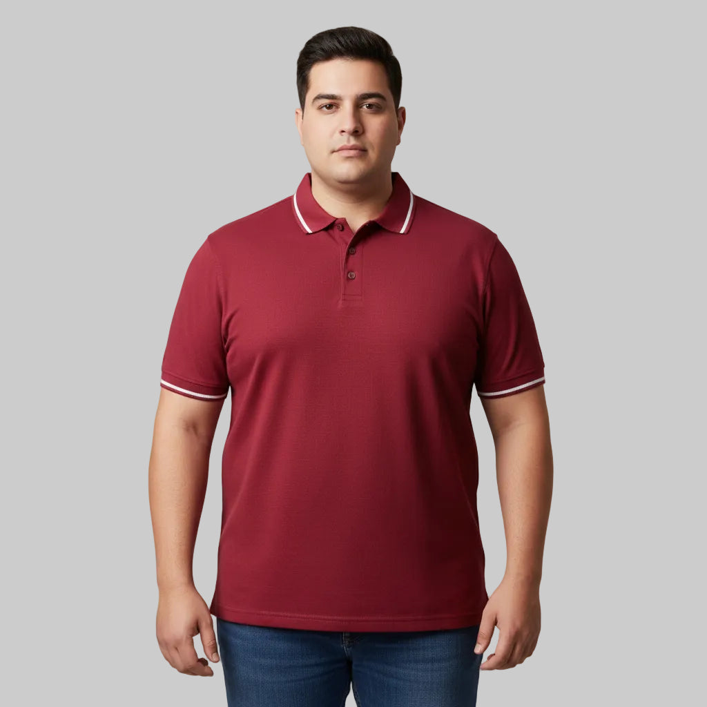 Maroon Plus Size Polo Shirt with white contrast tipped collar and sleeves flat laid front view.