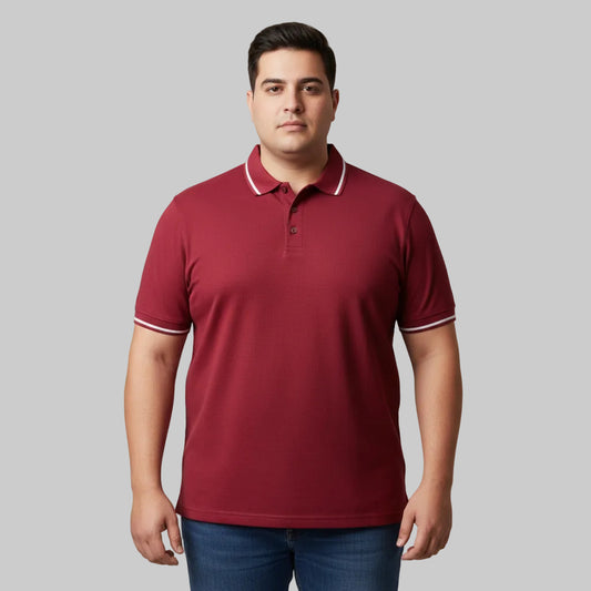 Maroon Plus Size Polo Shirt with white contrast tipped collar and sleeves flat laid front view.