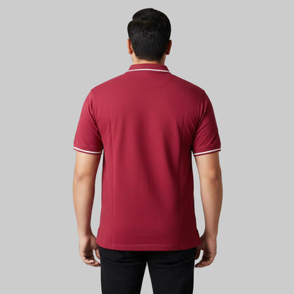 Maroon Plus Size Polo Shirt with white contrast tipped collar and sleeves flat laid front view.