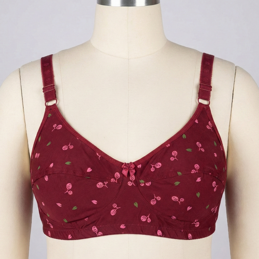 Maroon Floral Mesh Print Plus Size Wireless Bra PSW-10818