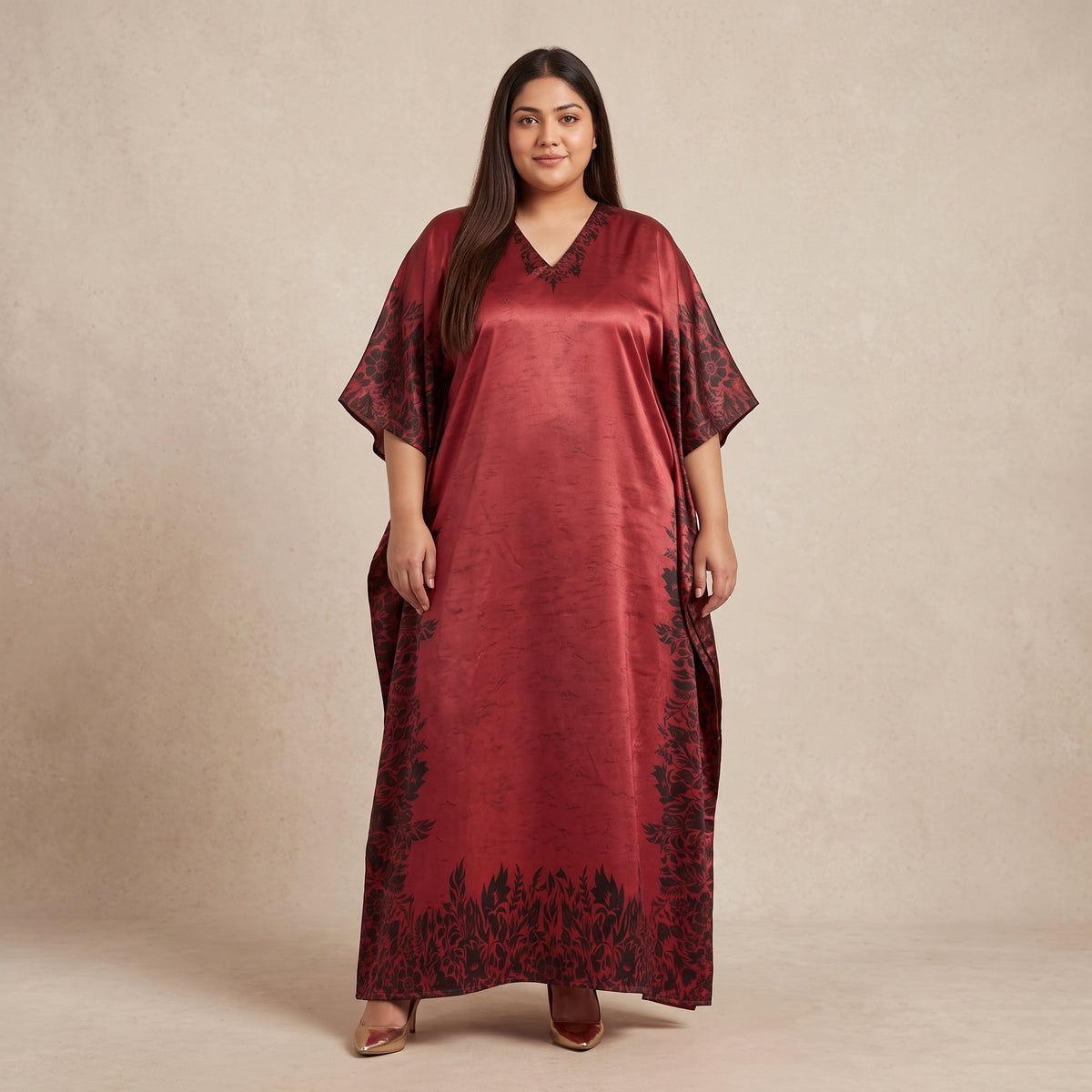 Maroon Floral Print Maxi Kaftan for Women with V-Neckline and Wide Flowing Sleeves