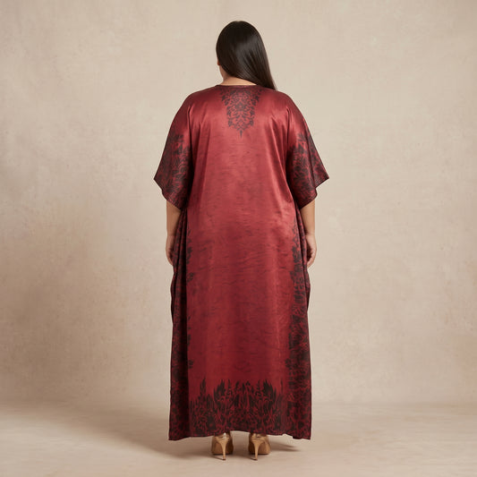 Maroon Floral Print Maxi Kaftan for Women with V-Neckline and Wide Flowing Sleeves
