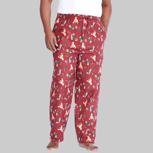Maroon graphic flannel pajama pants with adjustable drawstring waistband and side pockets, designed for men’s sleepwear.