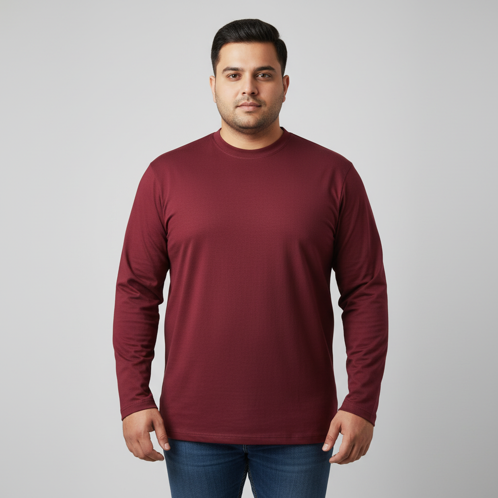 Maroon long sleeve jersey t-shirt for men in soft cotton fabric, classic crew neck, relaxed fit, full sleeves, smooth texture, ideal for casual everyday wear.