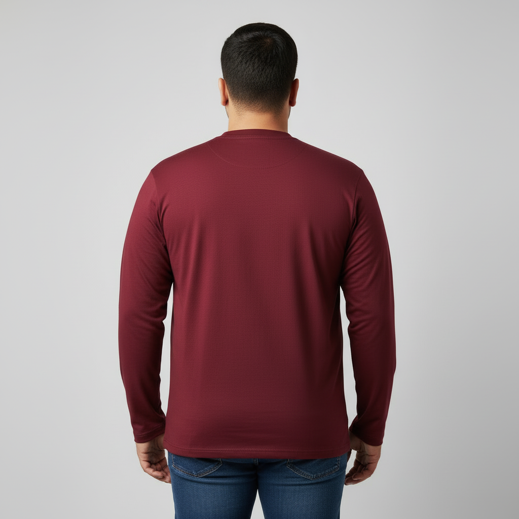 Maroon long sleeve jersey t-shirt for men in soft cotton fabric, classic crew neck, relaxed fit, full sleeves, smooth texture, ideal for casual everyday wear.