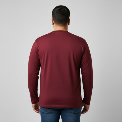 Maroon long sleeve jersey t-shirt for men in soft cotton fabric, classic crew neck, relaxed fit, full sleeves, smooth texture, ideal for casual everyday wear.