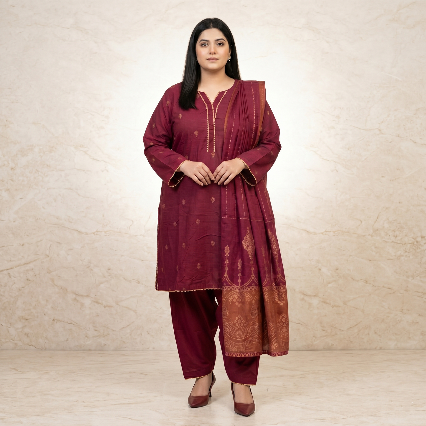 Woman wearing a maroon traditional outfit with gold patterns against a beige background