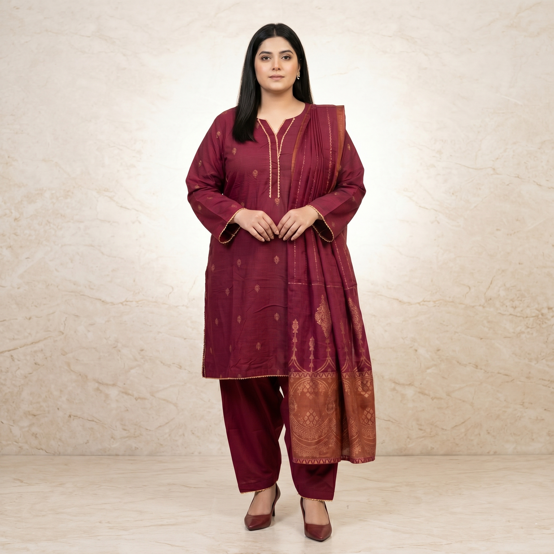Woman wearing a maroon traditional outfit with gold patterns against a beige background