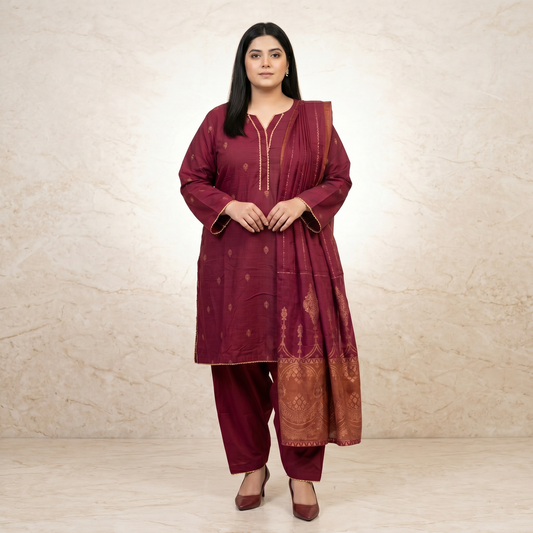 Woman wearing a maroon traditional outfit with gold patterns against a beige background
