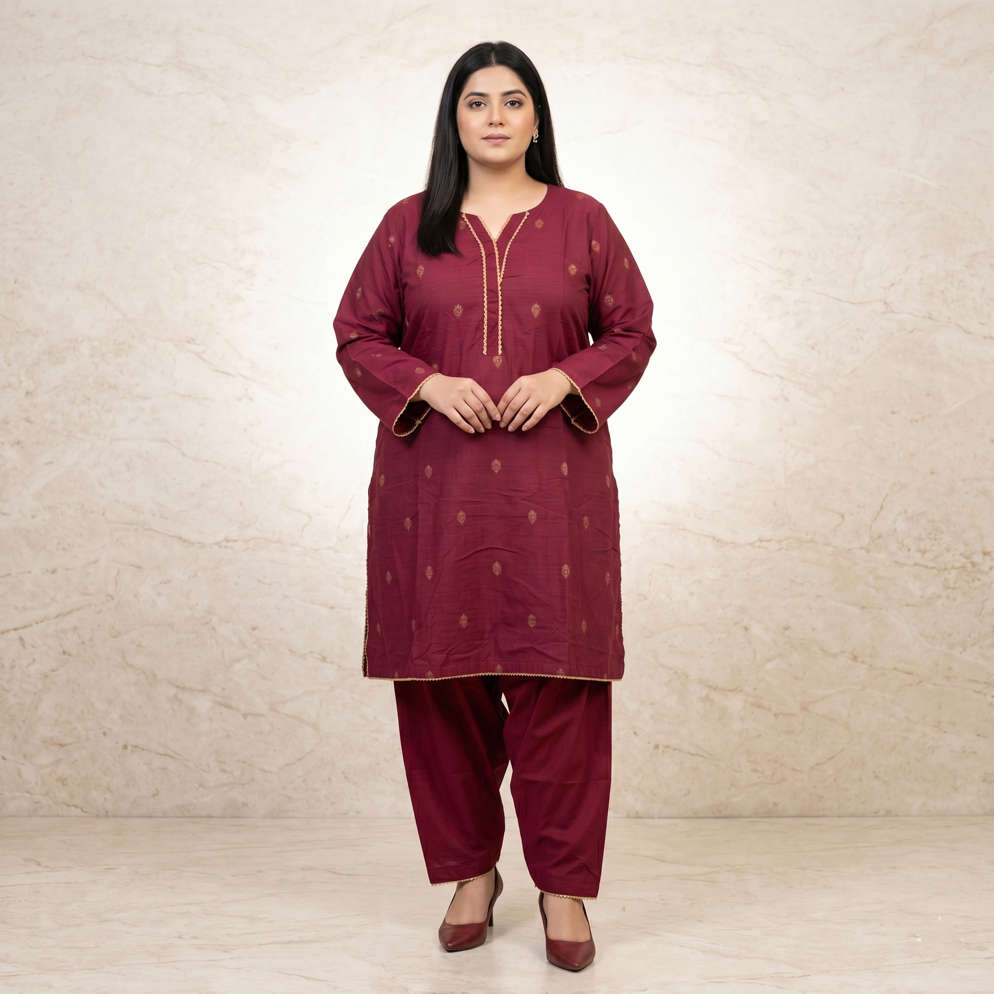 Woman wearing a maroon traditional outfit with gold details against a beige background
