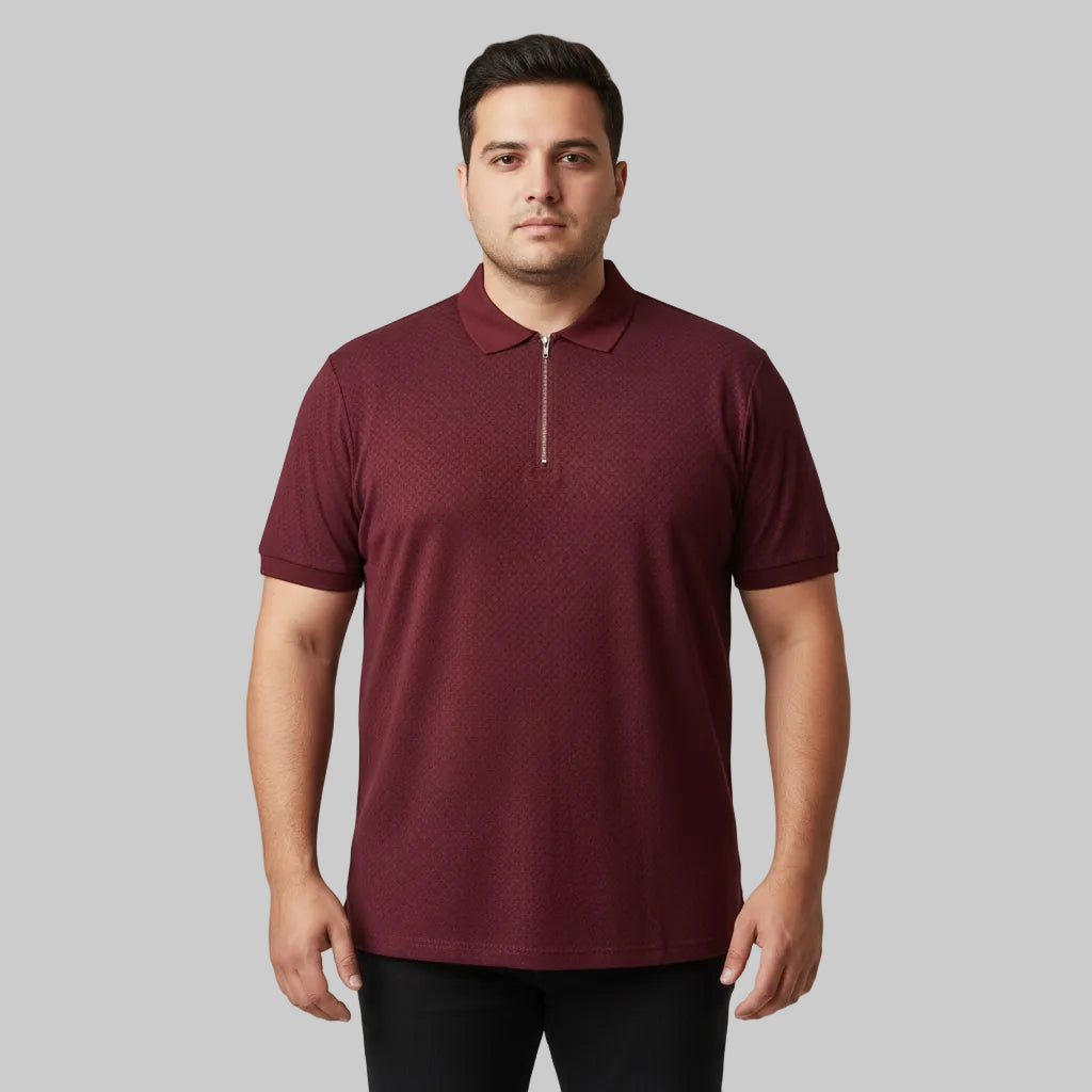 Maroon plus size micro print half-zip polo shirt with solid collar front view laid flat.