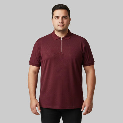 Maroon plus size micro print half-zip polo shirt with solid collar front view laid flat.