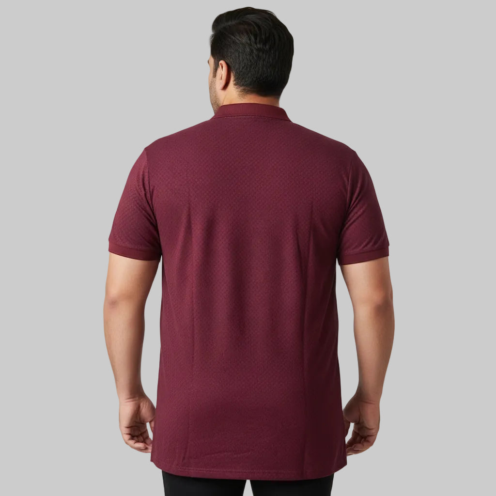 Maroon plus size micro print half-zip polo shirt with solid collar front view laid flat.