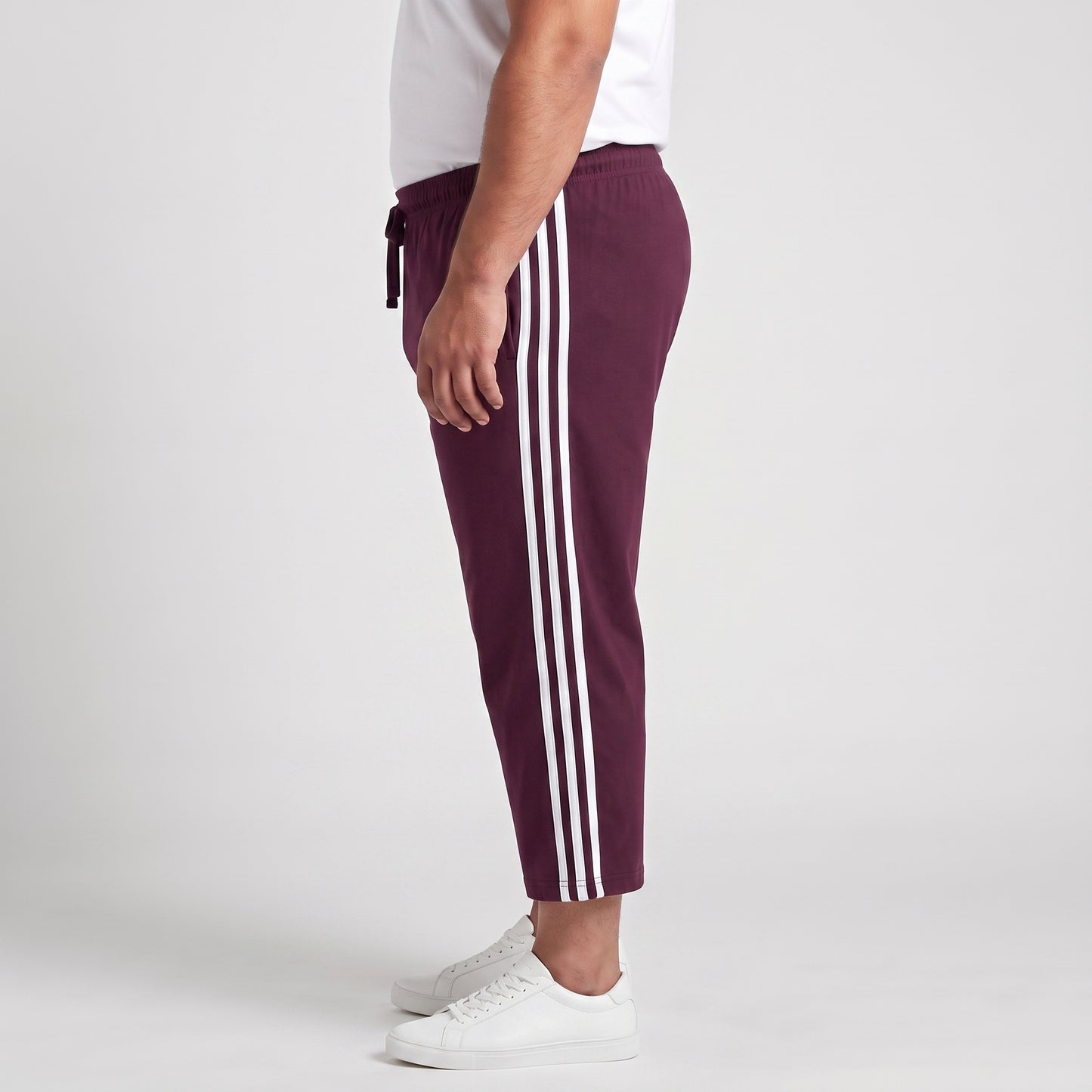 Maroon and white side stripe 3/4 shorts made from Jersey Cotton fabric