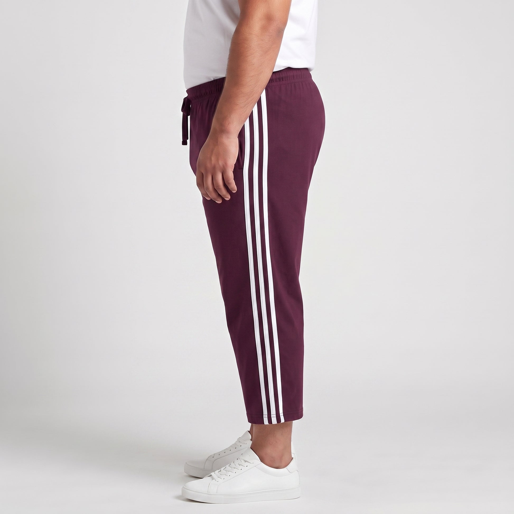 Maroon and white side stripe 3/4 shorts made from Jersey Cotton fabric