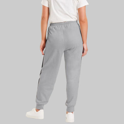 Medium Heather Grey French Terry Joggers with side stripe detailing, drawstring waist, and ribbed cuffs — slim-fit plus size lounge joggers for women.