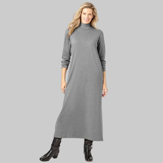 Front view of Medium Heather Grey Mockneck Dress with long sleeves and mock neckline