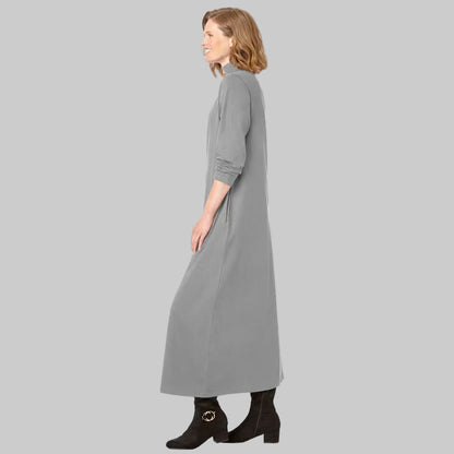 Front view of Medium Heather Grey Mockneck Dress with long sleeves and mock neckline