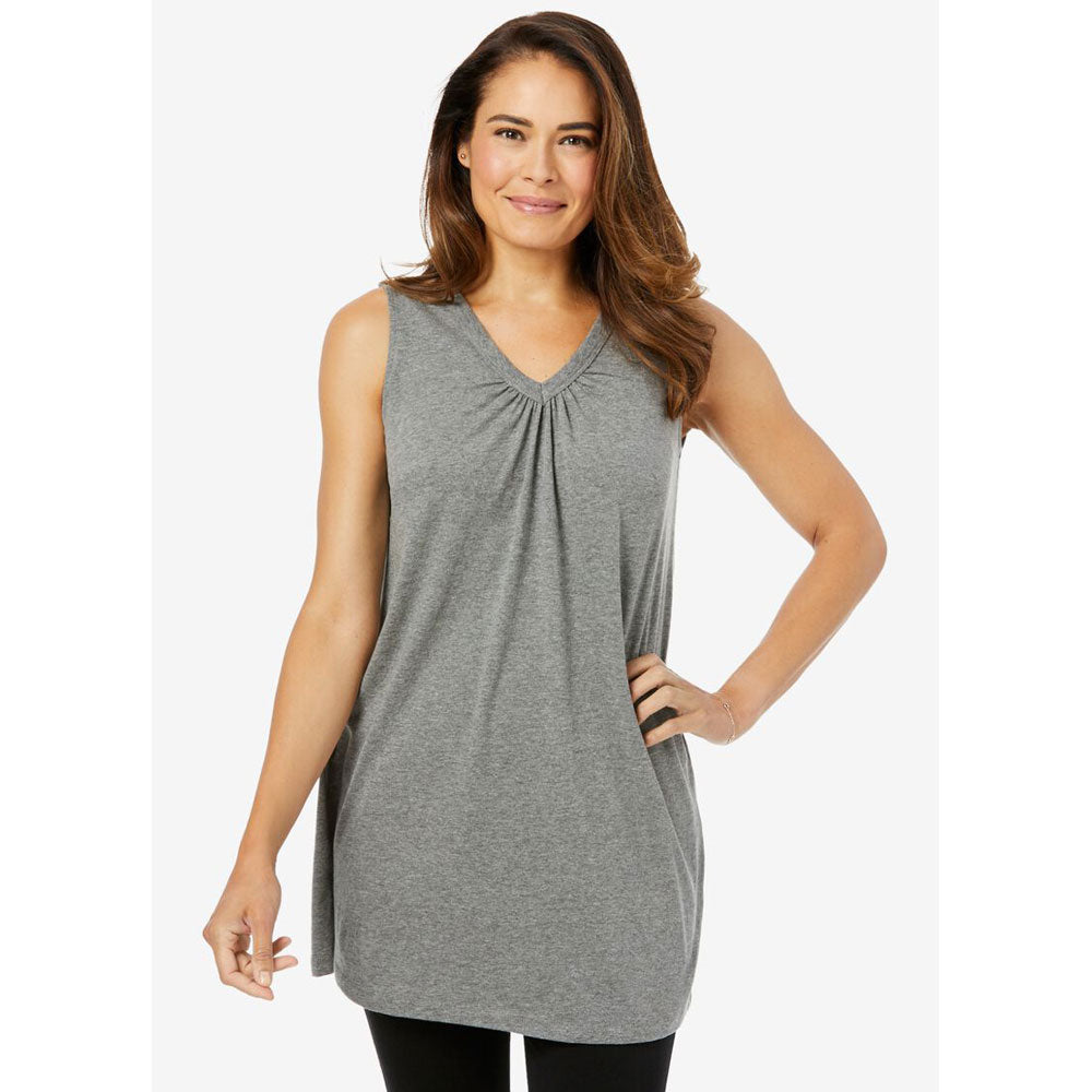 Medium Heather Grey Perfect Short-Sleeve Shirred V-Neck Tunic PSW-7978