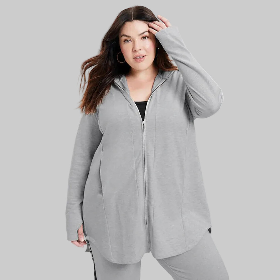 Medium heather grey French Terry zip-up hoodie with drawstring hood