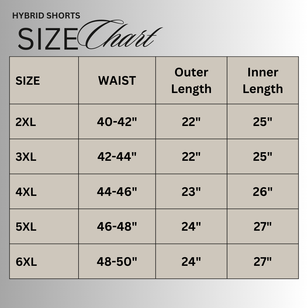 Size chart for Khaki Hybrid Double-Layer Performance Shorts PSM-10860