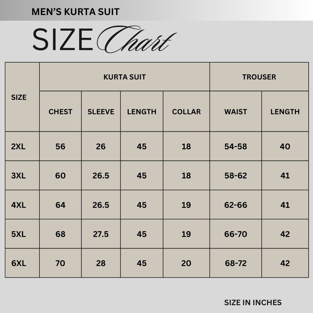 Size chart for Navy Premium Wash & Wear Plus Size Kurta Shalwar PSM-11199