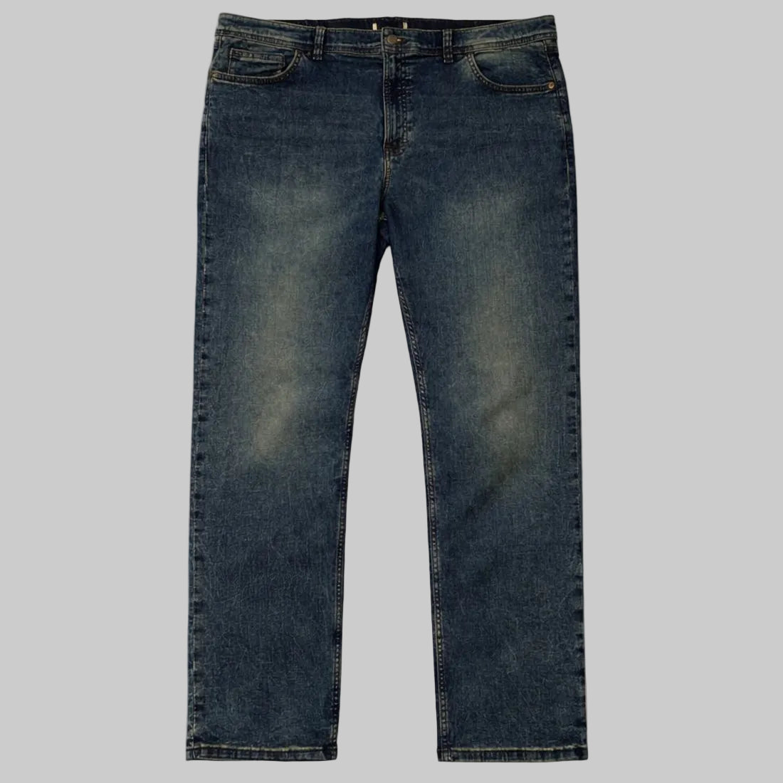 Mid blue straight fit denim jeans laid flat showing front view and classic wash.