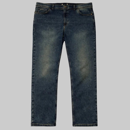 Mid blue straight fit denim jeans laid flat showing front view and classic wash.