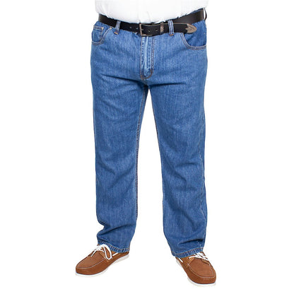 Men’s mid wash elasticated waist jeans with straight leg, button and zip fastening, belt loops, front and rear pockets, made from 100% cotton denim."
