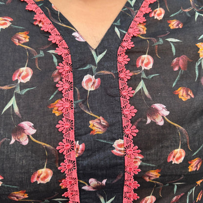 Midnight Bloom – Plus Size Stitched Floral Suit (2PC) PSW-9495