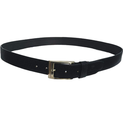 Rolled black leather plus size belt with a grid texture and silver buckle on neutral background