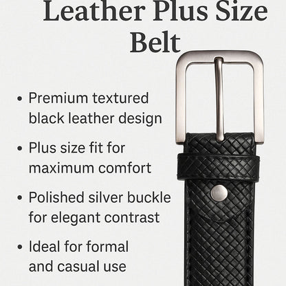 Rolled black leather plus size belt with a grid texture and silver buckle on neutral background
