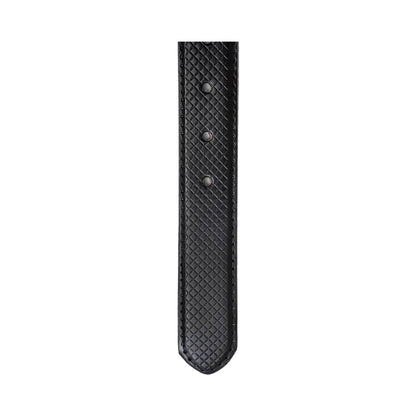 Rolled black leather plus size belt with a grid texture and silver buckle on neutral background