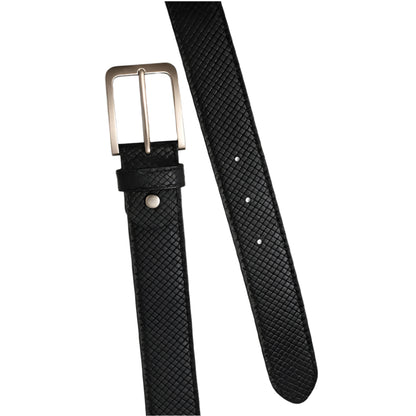 Rolled black leather plus size belt with a grid texture and silver buckle on neutral background