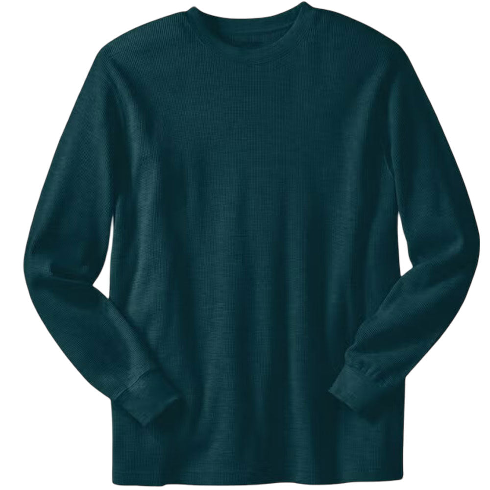 Midnight teal waffle knit thermal crewneck t-shirt with long sleeves and textured cotton-blend fabric