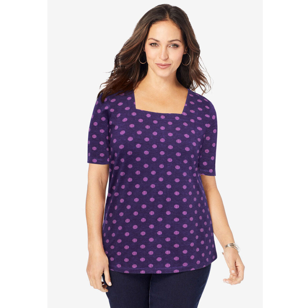 Midnight Violet Stripe Dot Stretch Cotton Square Neck Tee PSW-8307