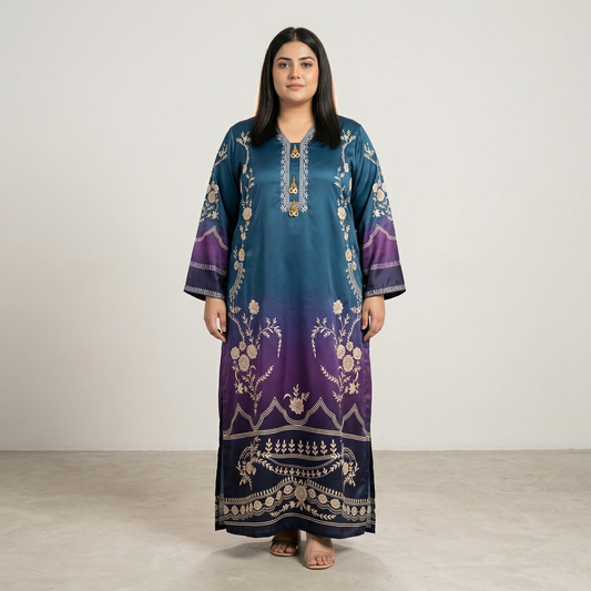 Woman wearing a blue and purple Printed kaftan dress on a plain background