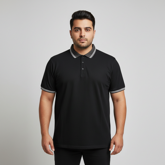 Plus size midnight black cotton polo shirt with charcoal collar and white trim detail front view