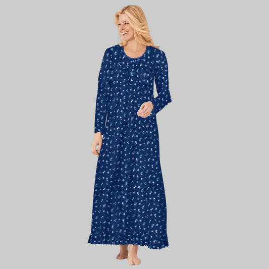 Midnight blue floral long sleeve lounge nightgown dress with relaxed fit and full length design for comfortable sleep and home lounging.