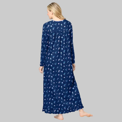 Midnight blue floral long sleeve lounge nightgown dress with relaxed fit and full length design for comfortable sleep and home lounging.