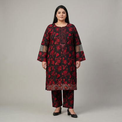 Midnight Dahlia Elegance – 3 Piece Cut-Work Border Suit PSW-11253